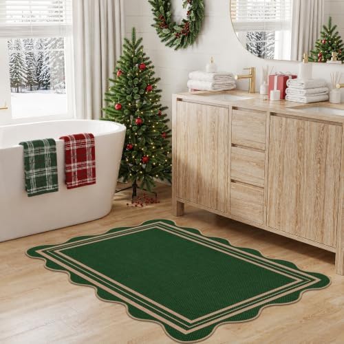 Easy Jute Green Christmas Front Door Mat, 2.6x4 Washable Entryway Rug Non Slip Small Kitchen Rug, Farmhouse Low Pile Floor Scalloped Rugs for Bathroom Porch Doorway - Image 6