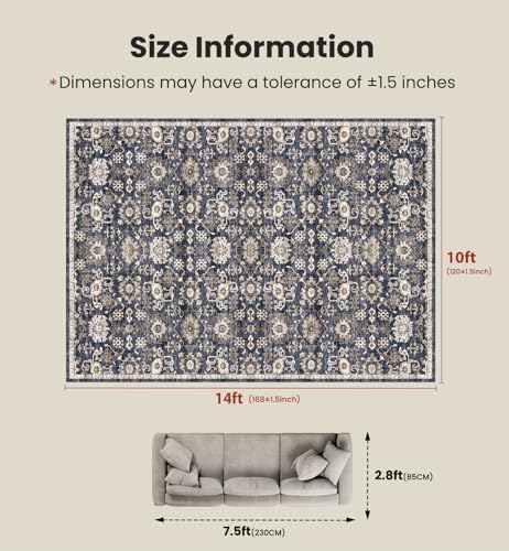 Amada Large 10x14 Washable Area Rug for Living Room, Blue/Brown, Vintage - Image 2