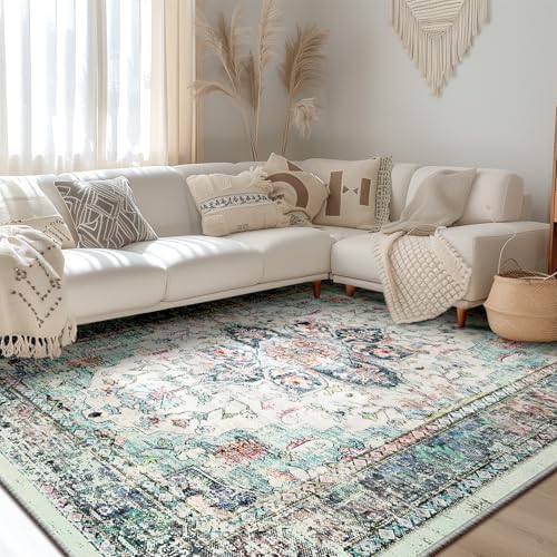 BESTSWEETIE Washable Boho 9x12 Area Rug for Living Room, Multi Navy Teal by BESTSWEETIE