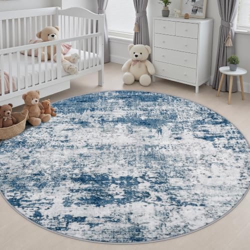 Round Area Rug Living Room: 6 ft Modern Washable Carpet Blue - Image 5