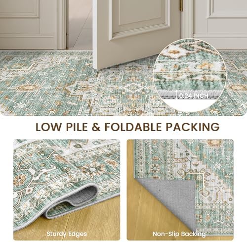 Machine Washable Rugs 9x12,Vintage Floral Large Carpet Living Room Green - Image 4