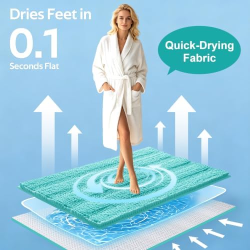ACCUMTEK Striped Teal Green Bathroom Rug Set 3 Pieces Ultra Soft, Non Slip Chenille Toilet Mat, Absorbent Plush Shaggy Bath Mats for Bathroom, Bedroom, Kitchen, Turquoise - Image 3