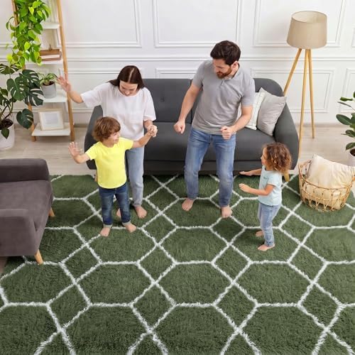 5x7 Area Rugs for Living Room Bedroom, Fluffy Olive Green and White Rug - Image 3