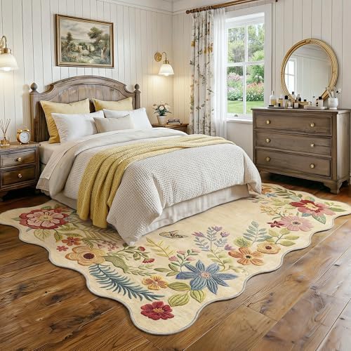 FMFUNCTEX 5x8 Washable Beige Floral Boho Scalloped Area Rug for Living Room - Image 2