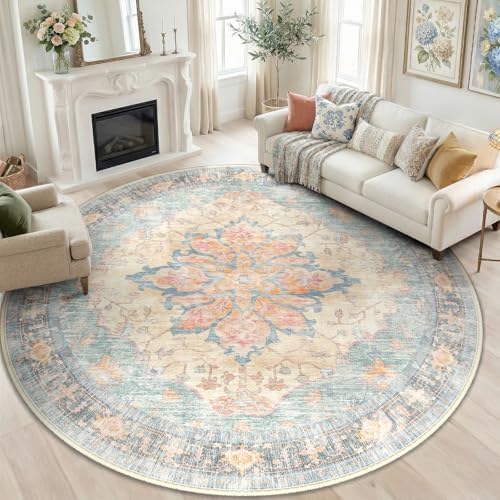 RELEANY Washable Area Rug, Round 6ft, Blue/Orange/Red by RELEANY