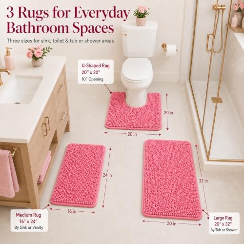 Bathroom Rugs Chenille Bath Mat Set 3-Piece Bath Rugs for Bathoom Extra Soft Bath Mats for Bathoom Non Slip Absorbent Shag Bthroom Carpet, Machine Washable, Toilet Rug Pink - Image 2