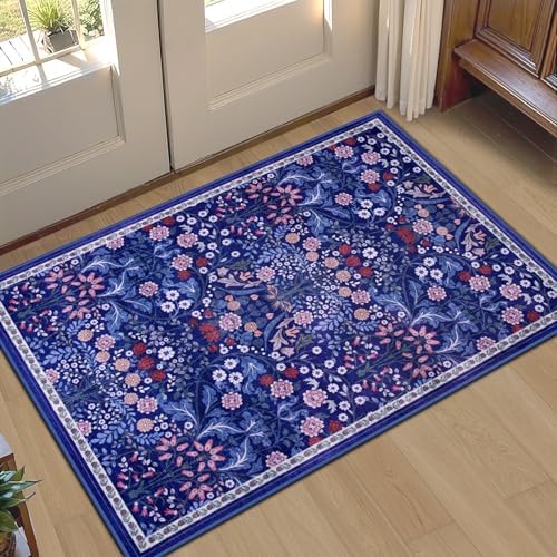 PLHXFR 2x3 Small Entryway Rug: Floral Washable Indoor Soft Carpet Blue by PLHXFRSoftAreaRugs