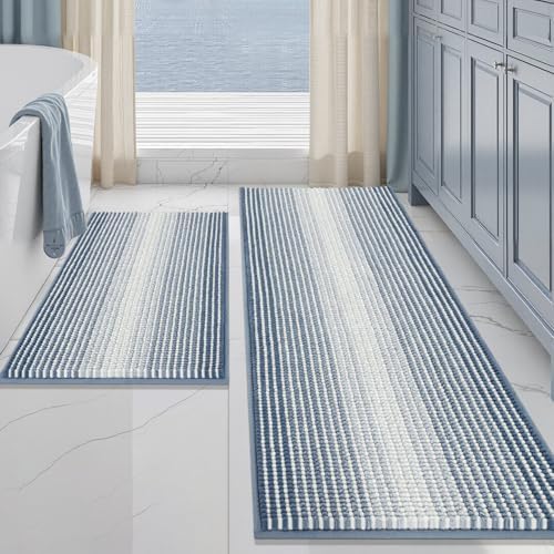 BSICPRO Bathroom Rugs Sets 2 Piece, Non Slip Striped Bath Mats, Fog Blue by BSICPRO