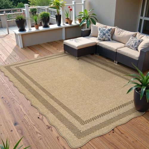 LIVEBOX Scalloped Washable 5x7 Outdoor Rug, Easy Jute Tan Rugs for Living Room, Indoor Geometric Rug for Bedroom, Farmhouse Non-Slip Rug Dining Room Mat Modern Carpet Area Rug for Patio Home Office - Image 2