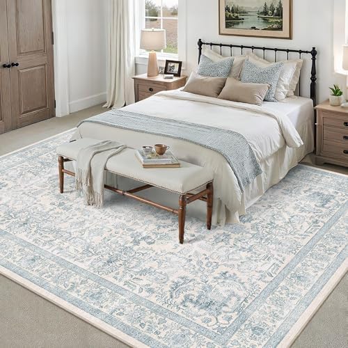 8x10 Washable Living Room Area Rug Non-Slip Vintage Blue Large Carpet - Image 2