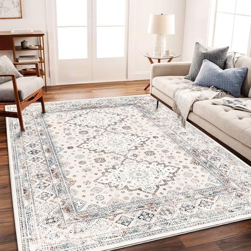 CHAMPLANT Washable Area Rug 8x10 Retro Flowers Boho Design Non-Shedding Easy Care Ideal for High Traffic Areas in Living Room Bedroom Office Coffee Table Kitchen Large Carpet by CHAMPLANT