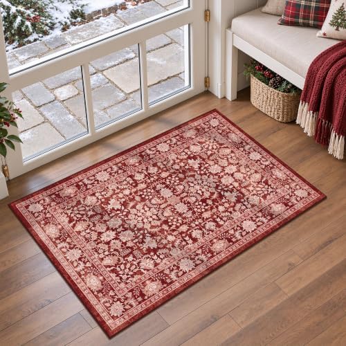 Washable 2x3 Christmas Office Area Rug Non-Slip Xmas Red Throw Carpet by HOME