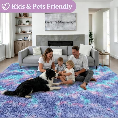 Area Rug Living Room Bedroom: 5x7 Fluffy Plush Shag Carpet Rainbow - Image 4