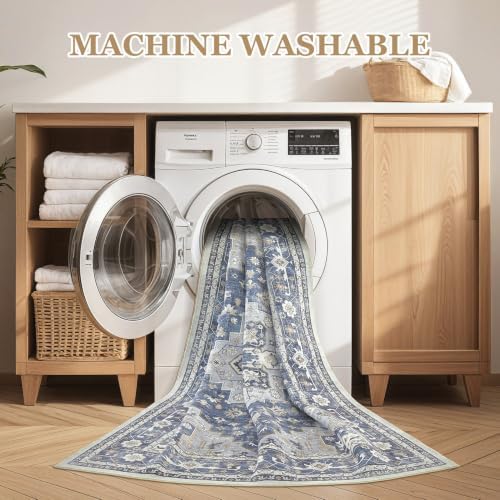 10x12 Area Rugs for Living Room: Washable Vintage Gray Blue Rug - Image 5