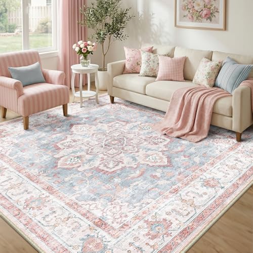 CAPALOCA Square 8ft Washable Nursery Girls Low Pile Area Rug Pink Blue - Image 2