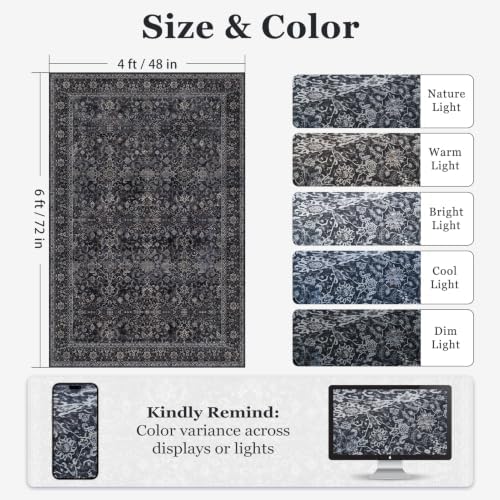 Dark 4x6 Washable Rug, Small Area Rugs Non Slip for Entryway Kitchen Bathroom, Vintage Farmhouse Low Pile Thin Throw Carpet Rug for Foyer/Nursery/Home Office/Living Room, Midnight - Image 2