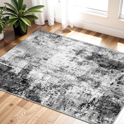 2x3 Small Washable Area Rug: Non-Slip Indoor Door Mat for Entrance Doorway Kitchen Bedroom Living Room - Abstract Farmhouse Throw Rug for Modern Home Decor Black Grey - Image 2