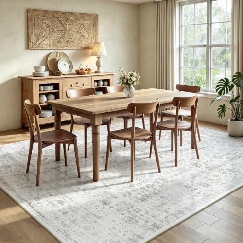 6x9 Area Rugs, Washable Vintage Retro Floral Rug for Living Room, Low Pile Non Slip Distressed Large Carpet for Bedroom, Dining Room, Office, Home (Beige & White) - Image 4