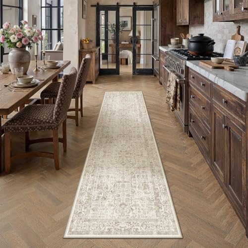PureCozy Light Brown Runner Rug 2'6"x8' Vintage Floral - Image 2