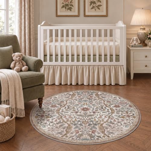 Round Rug 4ft Floral Circle Rug Green Botanical Indoor Area Rugs - Image 4