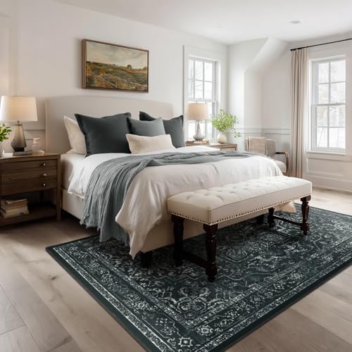 Vintage Dark Area Rugs 5x8, Non Slip Washable Rug for Living Room Bedroom, Medallion Distressed Printed Low Pile Thin Carpet Rugs for Dining Room/Kitchen/Home Office, Black and White - Image 4