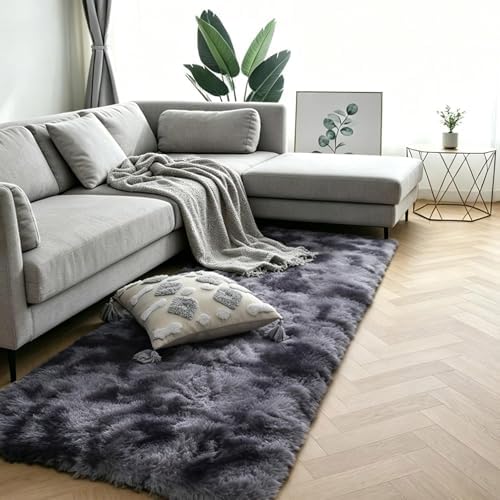 Tie-Dye Dark Grey Shag Runner Rug, 2'x6', Washable Non Slip Fluffy Carpet by KICHOWUA