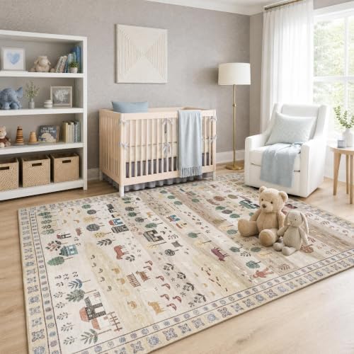 Machine Washable Area Rug 6x9, Soft Whimsical Rug, Vintage Farmhouse Beige - Image 4