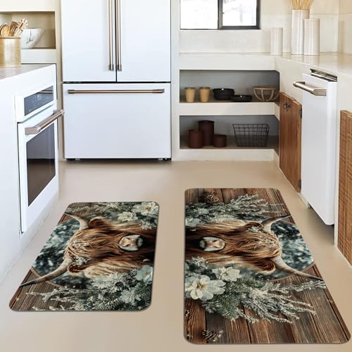 Farmhouse Kitchen Rugs Sets of 2 Non Slip Washable, Rustic Country Highland Cow Kitchen Mats for Floor 2 Piece Home Decor - Image 2