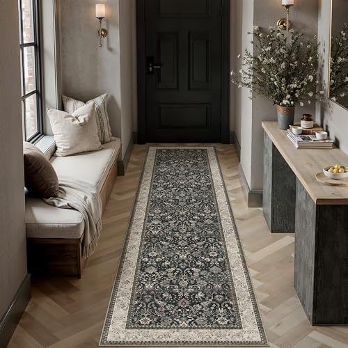 HUGEAR 2x8 Black Beige Vintage Floral Washable Runner Rug for Hallway by HUGEAR