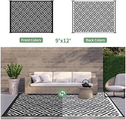GENIMO Outdoor Rug, Waterproof Plastic Rugs 9'x12' for Camping Black White - Image 4