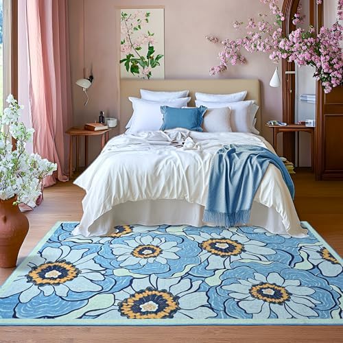 Area Rug 4x6 Blue Rug Washable Boho Rugs Non Slip Vintage Rugs Low Pile Floral Small Carpet for Living Room, Bedroom, Bedside, Kids Room, Office, Dining Room - Image 7