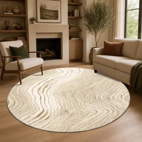 Flowing Gilded Veins 5 ft Cream Gold Round Area Rug for Bedroom by Unknown
