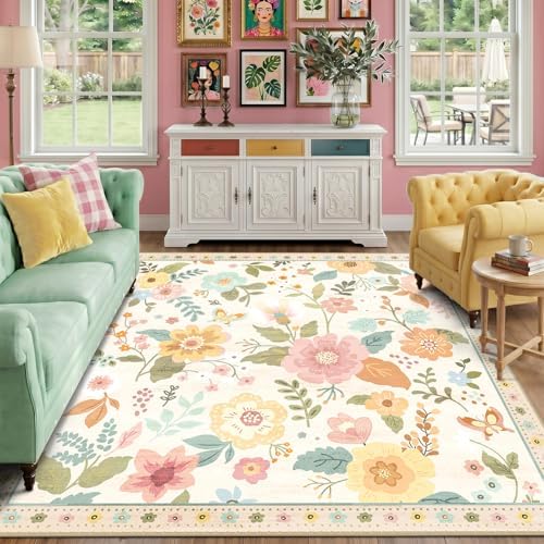 RELEANY Floral Washable Square 8ft Area Rug Beige/White/Orange by RELEANY