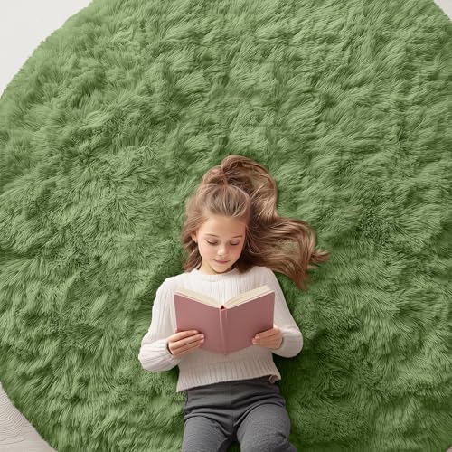 OLANLY Green Round Rugs for Bedroom - Machine Washable, 6 ft Circle Area Rugs for Living Room, Soft and Fluffy Shaggy Carpet for Teen Girl and Boys, Nursery Rooms, Dorms, Home Decor Aesthetic by OLANLY