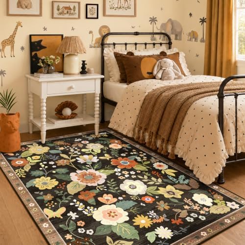 RELEANY Floral Washable 4x6 Area Rugs Black/Yellow by RELEANY