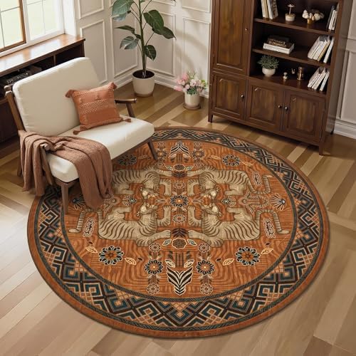 GarveeHome Tiger Round Area Rugs Boho Bedroom Non Slip Washable Vintage - Image 2