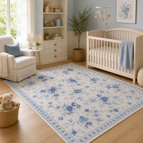 Helthep Floral Soft & Non-Slip Area Rug – Ultra-Thin Faux Cashmere, Pet-Friendly, Easy to Clean, Durable TPR Backing – Elegant Flower Pattern for Bedroom & Living Room (Light Blue/Cream, 5' x 7') - Image 5