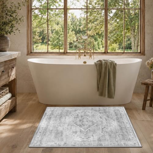 2x3 Washable Boho Entryway Area Rug Grey Non-Slip Front Door Mat - Image 6