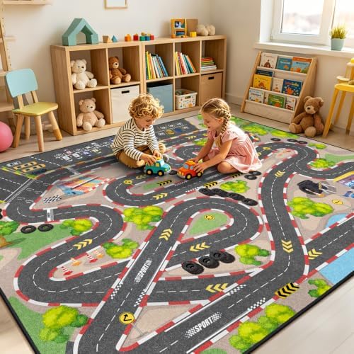 Kids Car Road Play Rug, 4x6 ft Race Track Rug Play Mat - Image 7