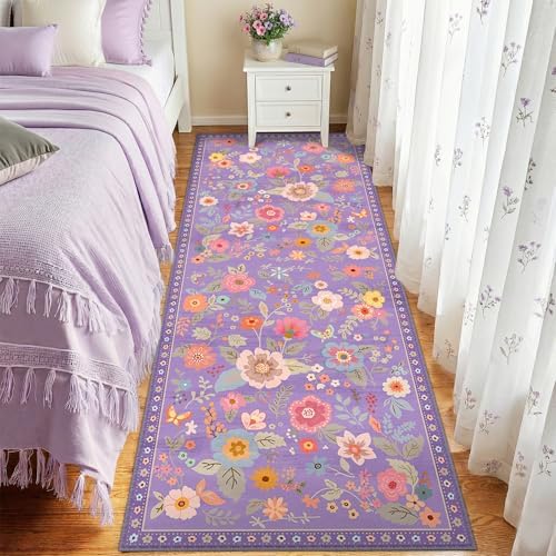 Floral Washable 2x6 Area Rugs Runner Entryway Hallway Purple/Pink by RELEANY
