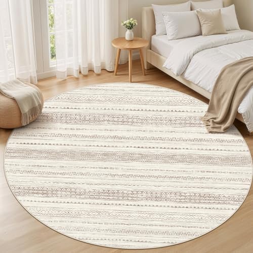 Nakagishi Round Rug Boho Area Rugs: 4x4 Washable Large Circle Neutral Soft Stain Resistant Non-Slip Carpet for Women Aged 25-45 Farmhouse Decor Enthusiasts - Living Room Bedroom Dining Room Nursery - Image 5