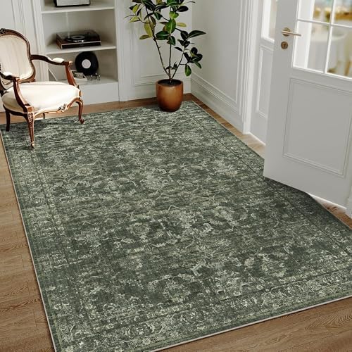 3x5 Washable Entryway Area Rug Non-Slip Retro Dark Green Throw Carpet - Image 3