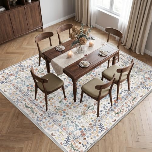 Vintage 8x8 Square Area Rug: Washable Boho Rug Soft Low-Pile Carpet Beige - Image 4