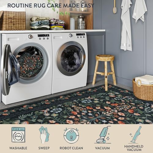 Lahome Black Floral Washable Area Rug 5x7, Vintage Boho Carpet - Image 5