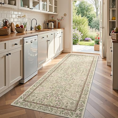 jinchan 3x8 Washable Hallway Runner Rug, Floral Non-Slip, Pastoral Green by JINCHAN