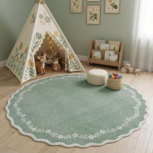 GarveeHome Round Rugs 4ft Scalloped Washable Small Circle Rug for Kids Room by GarveeHome