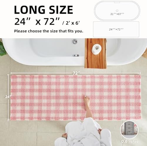 TYUU Waffle Runner Rug Bathroom, Long Cute Bath Mat, 72x24 Pink & White - Image 2