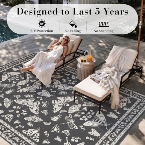AMOAMI-Outdoor Rug-Patio Rug 8x10 ft Quick Dry Machine Washable Flatweave Textured Outdoor Carpet with Rubber Particles Backing Indoor Outdoor Rug for Patio Deck Front Porch Balcony Greyish Black - Image 2