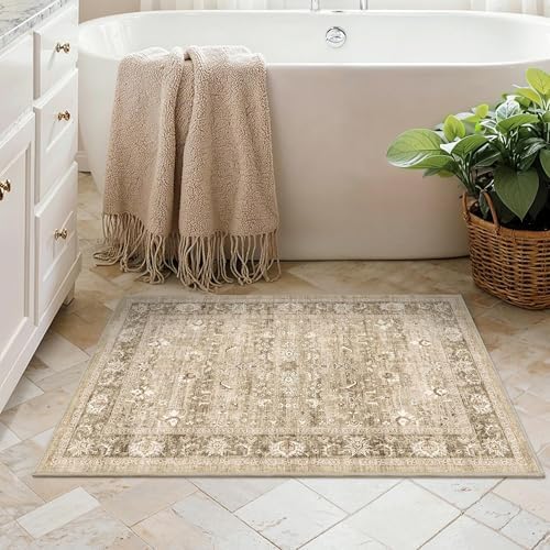 2x3 Washable Entryway Area Rug Non-Slip Distressed Khaki Door Mat - Image 4