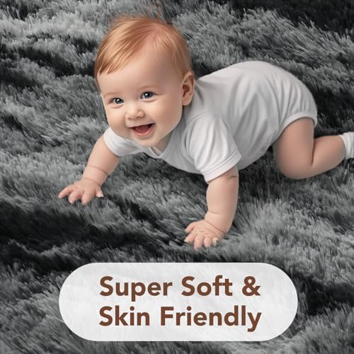 9x12 Non-Slip Fluffy Area Rugs For Living Room (Tie-dye Striped Black) - Image 5